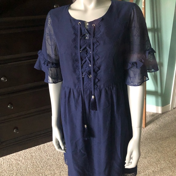 Laundry by Shelly Segal navy dress with tie neckline and shear sleeves - Picture 1 of 12